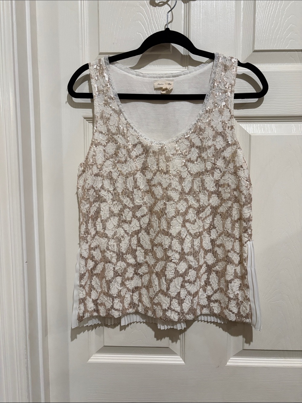 Anthropologie Medow Rue Champagne & White Sequined Beaded Lace Appliqué Tank Top